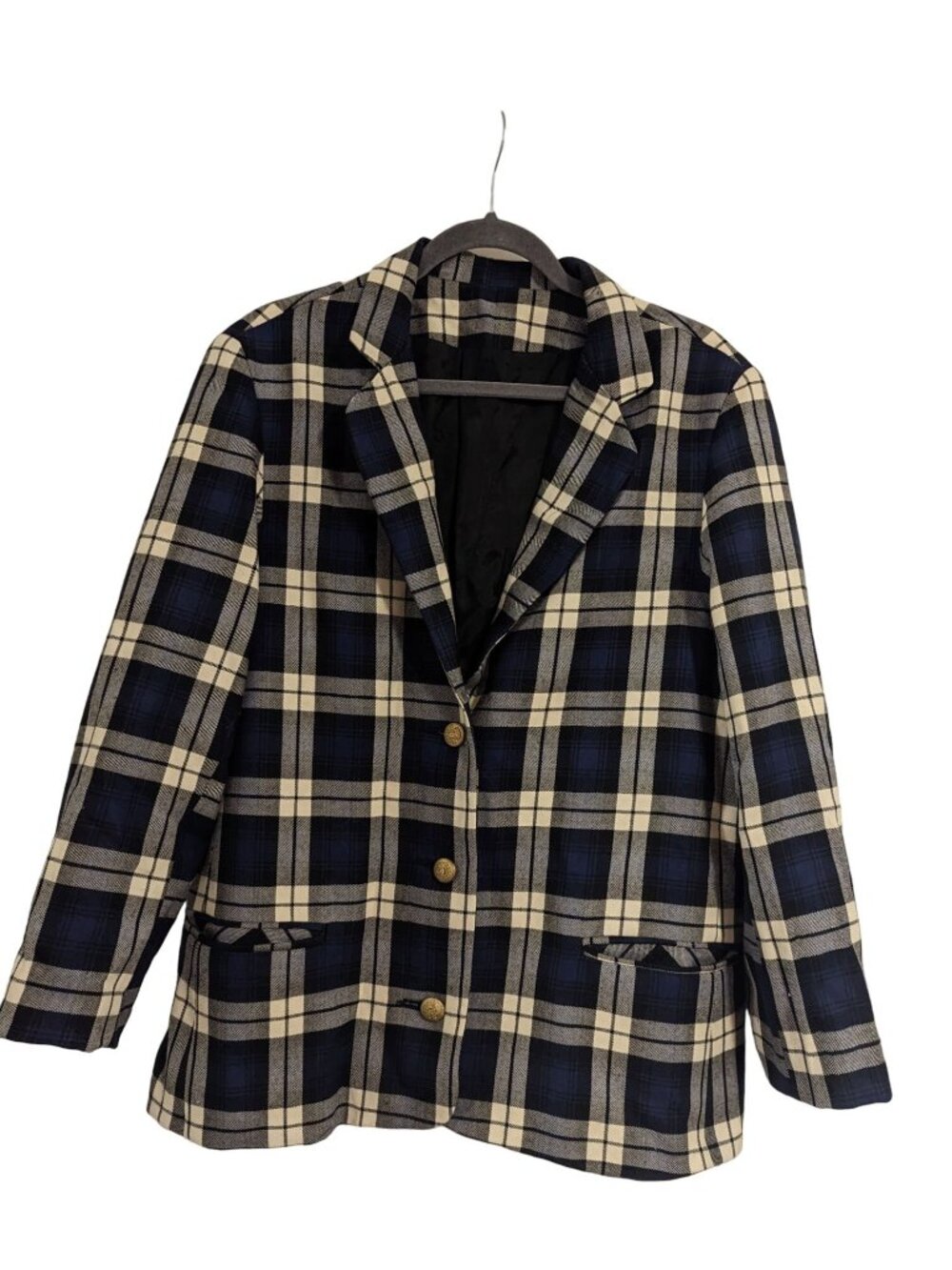 Triona Design Womens Plaid Wool Blazer With Gold Button Details Navy & Cream Siz